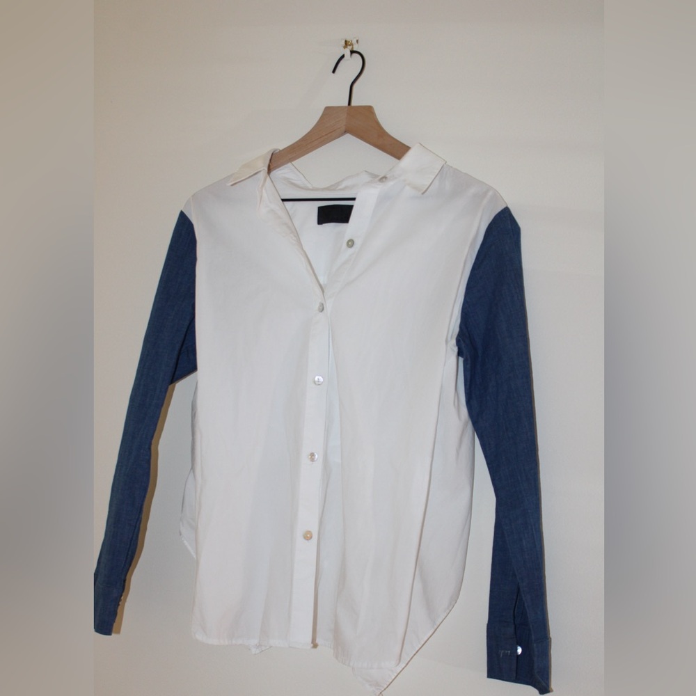 Line and Dot Denim and White Button Down with cropped back and ties.